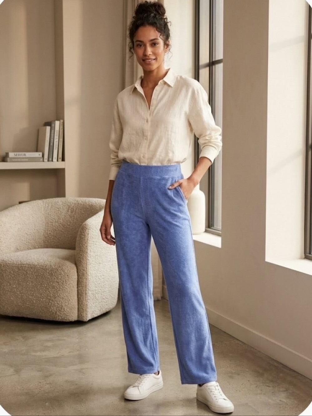 Susan Graver Weekend Blue Regular Terry Straight Leg Pants On-Seam Pockets